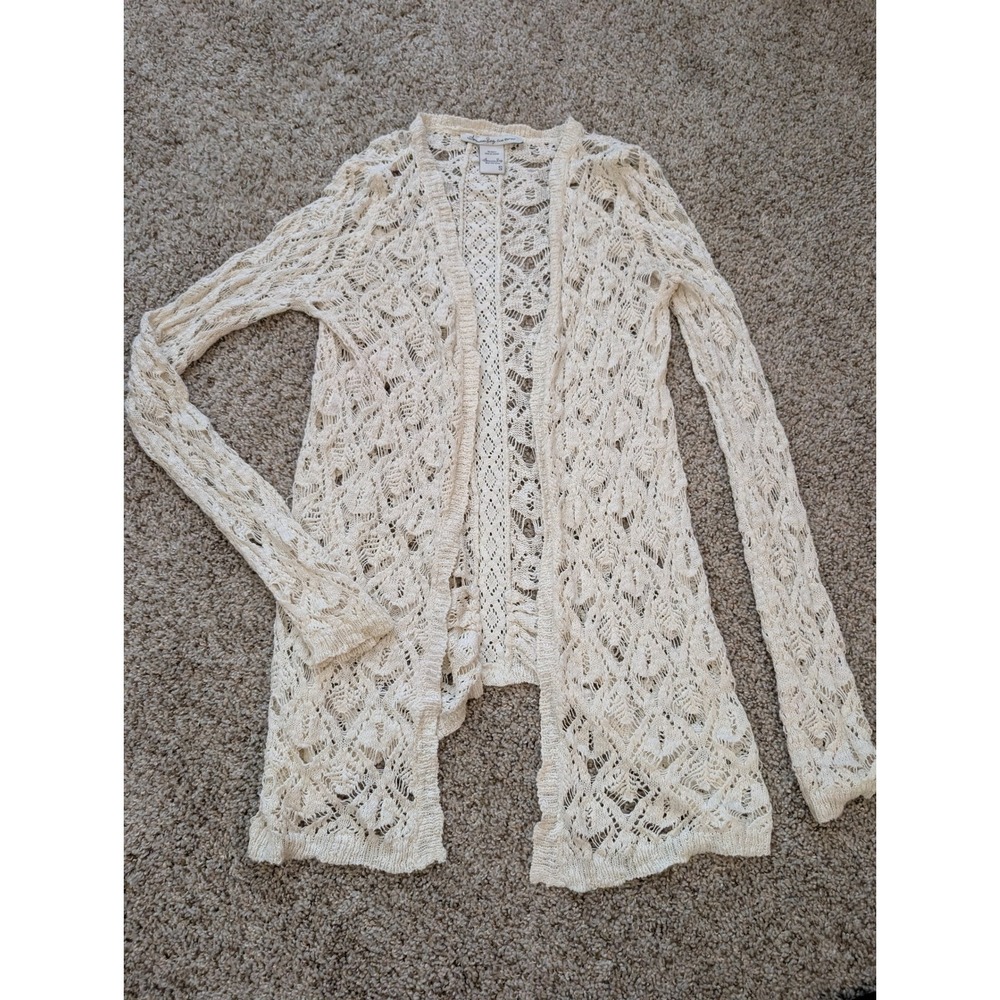 American Rag Cream Ivory Lace Crochet Knit Open Front Cardigan Sweater Small